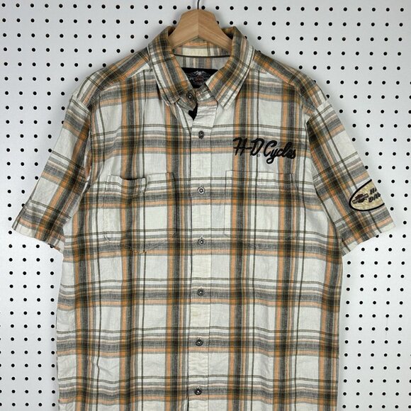 Harley Davidson Motorcycle Biker Mechanic Shirt Medium Plaid Cream Orange Linen‎ - Picture 2 of 6